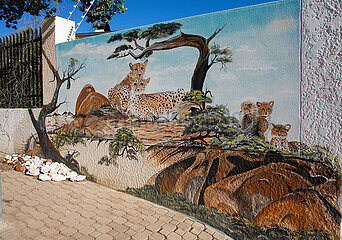 NAMIBIA. Animal painting  family of leopards and yellow-billed hornbill drawn on the walls of a villa in Windhoek