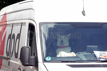 Berlin  Deutschland  Hund sitzt in einem Lieferwagen des Paketzustellers dpd