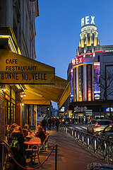 France. Paris (2th district). In the evening  the Le Grand Rex cinema  boulevard Poissonnière  seen from rue du Faubourg Poissonnière