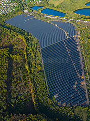 France. Moselle (57) Diesen  Porcelette  aerial view of an old mining industrial wasteland site converted to a photovoltaic solar power plant