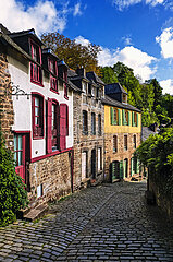 France. Brittany. Cotes-d'Armor (22) Dinan. Rue du Petit-Fort with its 15th century half-timbered houses