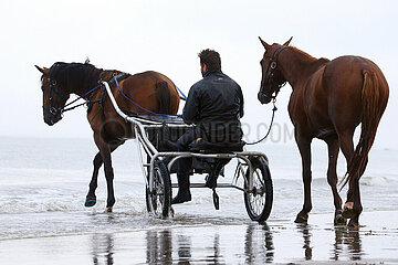 Deauville  Trabrennfahrer faehrt mit Handpferd am Strand entlang
