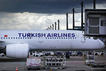 Schoenefeld  Deutschland  Airbus A350 der Turkish Airlines bei Regenwetter auf dem Vorfeld des Flughafen BER