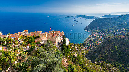 France. French Riviera. Alpes-Maritimes (06) The hilltop Village of Eze and its exotic garden (listed as a Remarkable Garden of France) overlooking the Mediterranean Sea  with Saint-Jean-Cap-Ferrat in the background