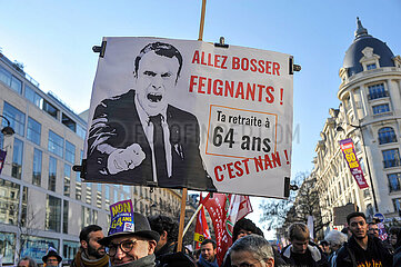 France. Paris (75) February 7  2023. Third day of nationwide rallies and strikes against the pension reform project. Bill raises retirement age to 64