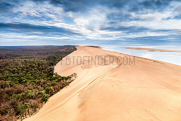 France. Gironde (33) La Teste de buch. Aerial view of the Dune du Pilat  the pine forest and the entrance to the Arcachon basin  at sunset