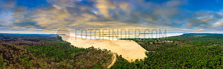 France. Gironde (33) La Teste de buch. Aerial view of the Dune du Pilat  the pine forest and the entrance to the Arcachon basin  at sunset