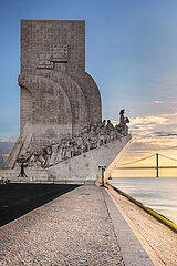 Portugal  Lisbon  The Monuments of the Discoveries at sunrise. The Padrao dos Descobrimentos is a monument erected in the district of Belem in Lisbon. It was built in 1960 to celebrate the 500th anniversary of the death of Henry the Navigator. Its name alludes to the padroes used by the Portuguese navigators of the Great Discoveries