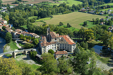 France. Auvergne . Haut Allier. Lavoute Chilhac classified as one of the most beautiful villages of France. View of the priory Sainte-Croix founded by Odilon de Mercoeur abbot of Cluny