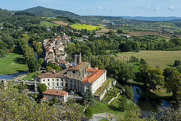 France. Auvergne . Haut Allier. Lavoute Chilhac classified as one of the most beautiful villages of France. View of the priory Sainte-Croix founded by Odilon de Mercoeur abbot of Cluny