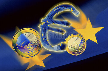 France. Euro symbol on a background of one euro coins