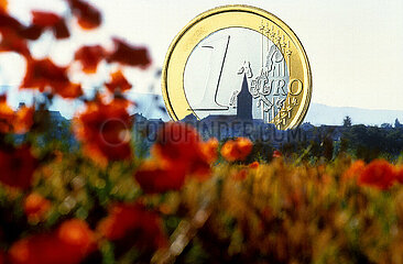 France. Illustration of Euro coin money in French countryside