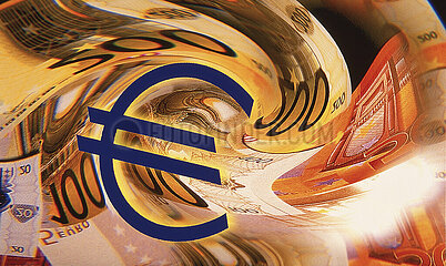 Euro symbol on a background of banknotes