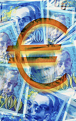 France. Euro symbol on a background of french banknotes