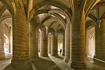 France;; Normandy. Manche (50) Mont Saint Michel. La Merveille: located on the second level of La Merveille  the crypt of the Gros Piliers was built in the 15th century to support the new choir of the abbey church  after the collapse of the Romanesque choir in 1421
