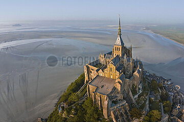 France. Normandy. Manche (50) Aerial view of Mont Saint Michel from the south west. In the background on the left  the islet of Tombelaine