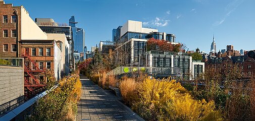 United States  New York City  Manhattan  Chelsea. Panoramic view of the High Line promenade in autumn