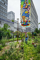 France. Paris (13th arrondissement.) The garden shares towers with the garden  in the Parisian Chinatown district. In the background  on one of the district's towers: the Mona Lisa by Okuda mural  by the artist Okuda san Miguel  a Spanish sculptor known for his distinctive style of colorful geometric patterns representing animals