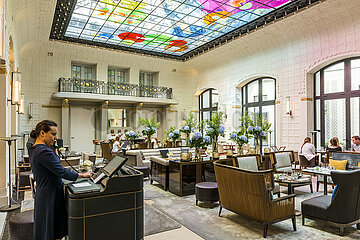 France. Paris (75) 6th arrondissement. The Lutetia hotel  an emblematic luxury establishment  in the Saint-Germain-des-Pres district (left bank). Restored and renovated by the architectural firm Jean-Michel Wilmotte. The glass roof created by Fabrice Hybert