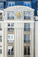 France. Paris (75) 6th arrondissement. Coat of arms of Paris on a facade of the Lutetia hotel  an emblematic luxury establishment  in the Saint-Germain-des-Pres district (left bank). Restored and renovated by the architectural firm Jean-Michel Wilmotte.