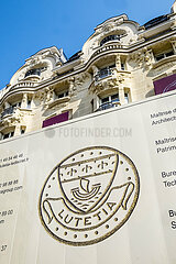 France. Paris (75) 6th arrondissement. Coat of arms of Paris on a facade of the Hotel Lutetia  an emblematic luxury establishment  restored and renovated by the architectural firm Jean-Michel Wilmotte