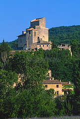 FRANCE. DROME (26) LE POET LAVAL  19th century PERCHED VILLAGE LABELED AS ONE OF THE MOST BEAUTIFUL VILLAGES IN FRANCE. VIEW OF THE CHATEAU AND BELL TOWER OF THE SAINT JEAN DES COMMANDEURS CHAPEL