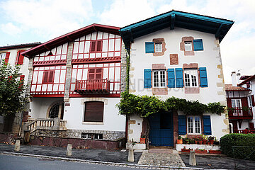 France. Pyrenees-Atlantiques (64) Basque Country. The traditional houses of Ainhoa  one of the most beautiful villages in France