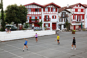France  Aquitaine  Pyrenees Atlantiques  Basque Country  Ainhoa  Ainhoa is one of the most beautiful villages in France. Basque pelota players on the village fronton