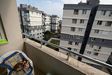 Tuerkei  Antalya - Blick vom Balkon einer bewachte Wohnsiedlung im Stadtteil Konyaalti  links eine Katze (Cornish Rex)