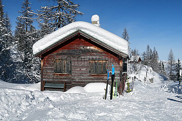 Krippenbrunn  Oesterreich  Skier stecken vor einer Holzhuette im Schnee