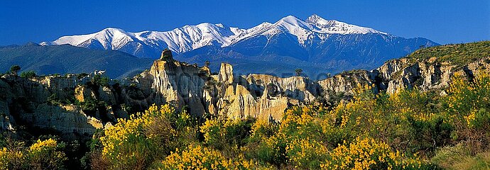 FRANCE. PYRENEES-ORIENTALES (66) CONFLENT REGION. THE FAIRY CHIMNEYS OF THE ORGANS OF ILLE-SUR-TET WITH THE SNOW-CAPPED CANIGOU IN THE BACKGROUND. A HOODOO IS A MODEL OF EROSION WHICH TAKES THE FORM OF A COLUMN OF SOFT ROCK SURMOUNTED BY A MORE RESISTANT CAP.