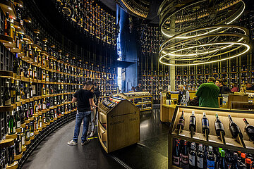FRANCE. GIRONDE (33). BORDEAUX. LA CITE DU VIN IS A CULTURAL AND TOURIST CENTER DEDICATED TO WINE. INSIDE  THE BRASSERIE-SNACK CELLAR IS A SALES AND TESTING AREA FOR SELLING WINE