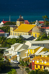 FRANCE  WEST INDIES  GUADELOUPE  MARIE-GALANTE ISLAND  GRAND-BOURG TOWN WITH ITS COLORFUL IMMACULATE CONCEPTION CHURCH