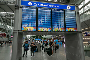 Deutschland  Duesseldorf - Departures  Passagiere vor Anzeigetafel mit den Abgflugszeiten  Flughafen Duesseldorf