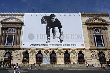 FRANCE. PARIS (75) 9TH DISTRICT. ON AN EPHEMERAL FACADE OF THE OPERA GARNIER  FRENCH RUGBYMAN  JULIEN MARCHAND  WEARED FOR A GIANT ADVERTISEMENT FOR THE IPHONE (APPLE). SIX FRENCH RUGBY INTERNATIONALS WERE PHOTOGRAPHED[ WITH THE IPHONE 14 PRO BY BRITISH FASHION PHOTOGRAPHER  JACOB SUTTON. SERIES OF PHOTOS EXHIBITED ON SEVERAL FAMOUS MONUMENTS IN PARIS