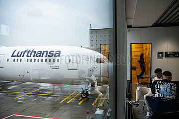 Frankfurt  Deutschland  Boeing 787-9 Passagierflugzeug der Lufthansa am Gate des Terminal 1 auf dem Frankfurter Flughafen