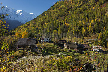 FRANCE. HAUTE-SAVOIE (74) CHAMONIX  HAMLET OF TRE-LE-CHAMP AND IN THE BACKGROUND  MONT BLANC MOUNTAIN