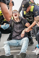 Schmerzgriffe bei Blockade der Letzten Generation in der Landsberger Allee in Berlin