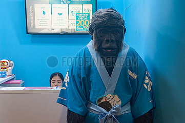 Singapur  Republik Singapur  Gorilla-Attrappe steht als Werbefigur vor einem Japan IPL Express Schoenheitssalon