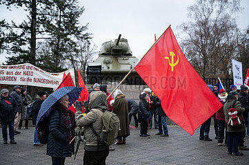 Berlin  Deutschland  Ein Demonstrant mit sowjetischer Flagge am Sowjetischen Ehrenmal in Tiergarten