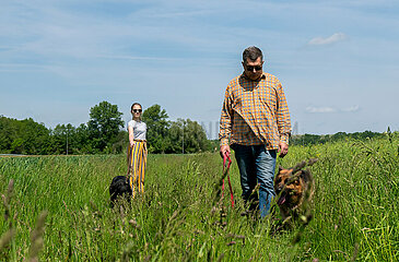 Polen  Wroclaw - Vater und Tochter gehen Gassi mit Hunden der Familie