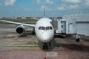 Singapur  Republik Singapur  Boeing 787-10 Dreamliner Passagierflugzeug der Singapore Airlines parkt am Gate auf dem Flughafen Changi