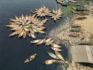 Aerial view of Wooden passenger Boats Docked on Buriganga River Port