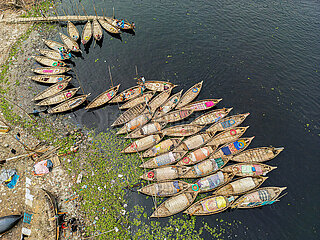 Aerial view of Wooden passenger Boats Docked on Buriganga River Port