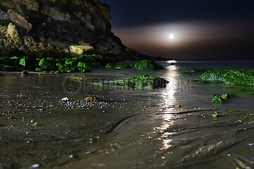 Burgau  Portugal  Vollmond leuchtet ueber dem Strand