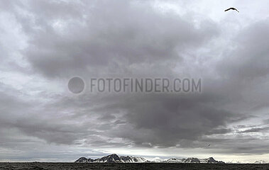 Andoy  Norwegen  Berglandschaft an der Kueste im Winter bei Regenwetter