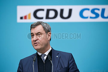 Berlin  Deutschland - Markus Soeder bei der Pressekonferenz zur Vorstellung des Europawahlprogramms von CDU und CSU.