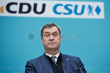 Berlin  Deutschland - Markus Soeder bei der Pressekonferenz zur Vorstellung des Europawahlprogramms von CDU und CSU.