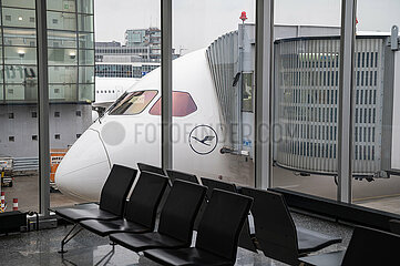 Frankfurt  Deutschland  Leerer Abflugbereich an einem Flugsteig mit geparkter Lufthansa-Maschine am Frankfurter Flughafen