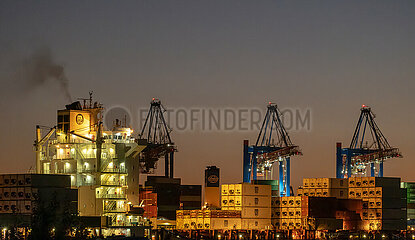Deutschland  Hamburg - Containerterminal mit Containerbruecken im Hamburger Hafen  links ein Containerschiff